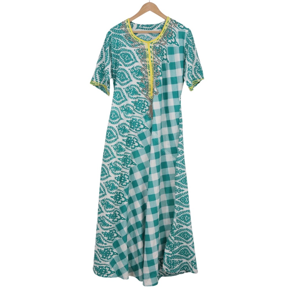 Unbranded Maxi Dress Womens XXL Kaftan Teal Gingham Paisley Embroidered Exc